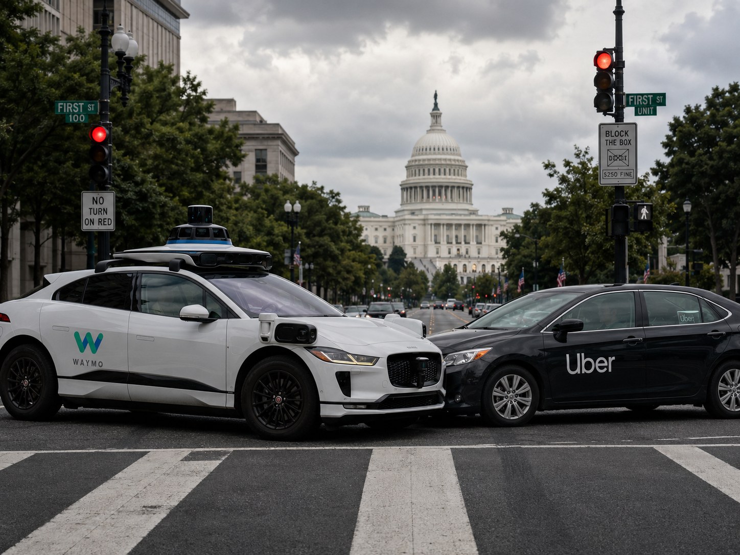 Vehículos de Waymo y Uber frente al Capitolio de Estados Unidos